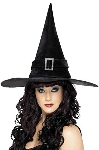 Black witch hat with a sparkly silver buckle, worn on a person.