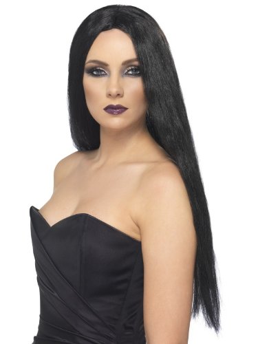 A woman wearing a long, straight black wig and a black strapless dress.