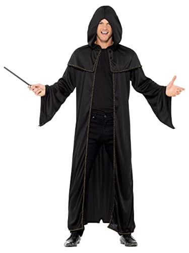 Man wearing a long, black wizard cloak with gold trim, holding a wand.