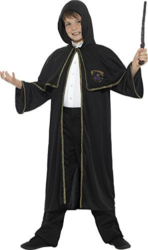 A young man wearing a black hooded cloak with gold trim and holding a wand.