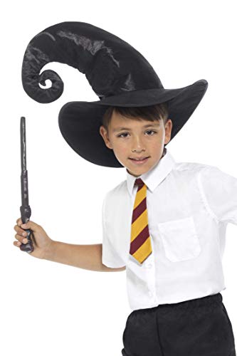 Boy wearing a black wizard hat, holding a wand, and in school uniform.