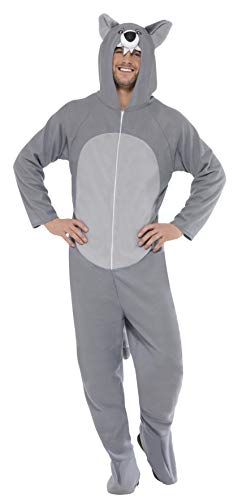 Person wearing a grey wolf costume with hood and tail.