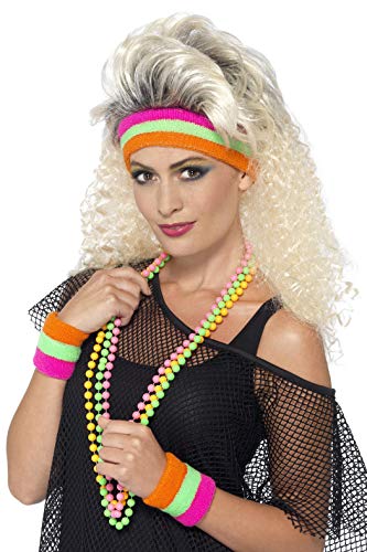 Woman wearing a blonde 1980s-style wig, headband, and colorful accessories.