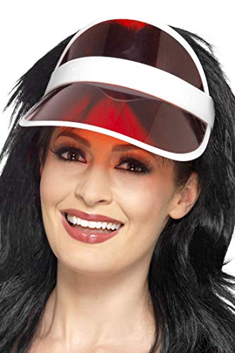 Red plastic 1980s-style sun visor worn by a woman with brown hair.