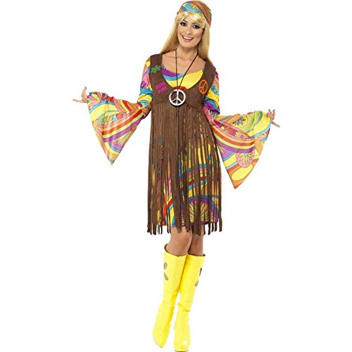 Woman in a 1960s-style hippie costume with a colorful dress and vest.