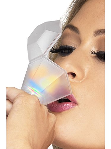 A woman holds a flashing, iridescent ring resembling a shot glass near her lips.