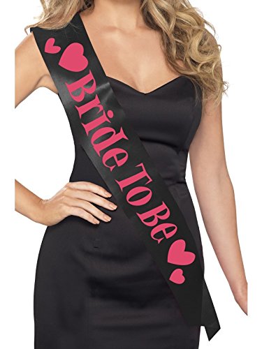 Black sash with pink "Bride To Be" text and hearts on a white background.