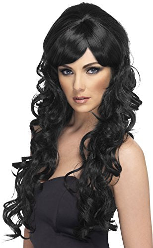 "Black curly wig with side bangs on a female mannequin, sleeveless black top, plain white background."