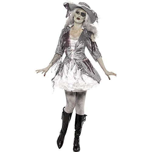 Woman in grey, tattered pirate ghost costume with hat and eye patch.