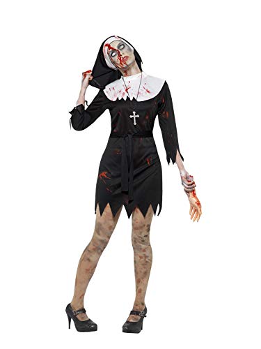A person in a bloody zombie nun costume with a cross necklace and veil.