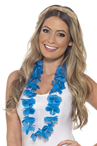 Woman wearing a blue flower lei garland around her neck.