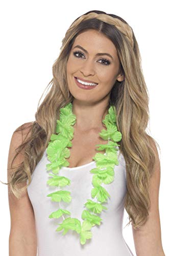 Woman wearing a bright green floral Hawaiian lei garland.