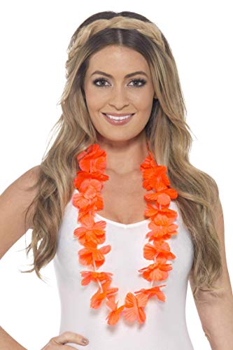 A woman wearing a bright orange flower garland lei necklace and a flower headband.