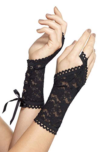 Black lace fingerless gloves with ribbon lacing on a hand.