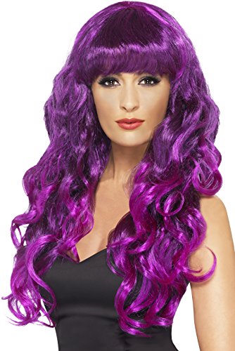 Woman modeling a long, curly, purple wig with bangs.