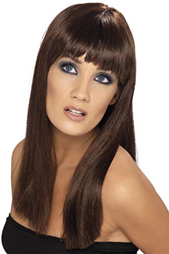 Woman modeling a long, straight brown wig with blunt bangs.