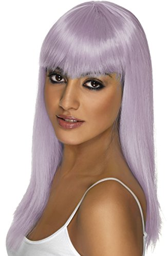 Woman modeling a long, straight, lilac wig with blunt bangs.