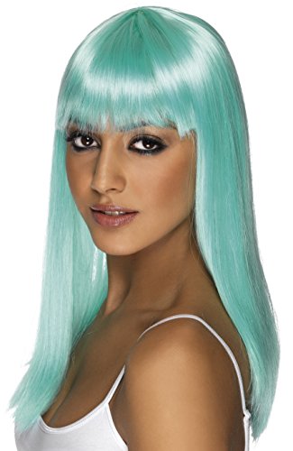 Woman wearing a long, straight neon aqua wig with bangs.