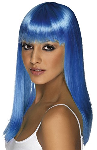Woman modeling a long, straight, neon blue wig with blunt bangs.