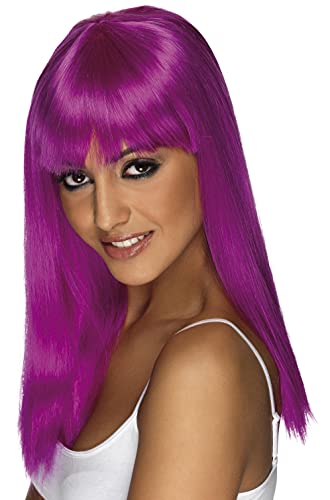 Woman modeling a long, straight, neon purple wig with bangs.