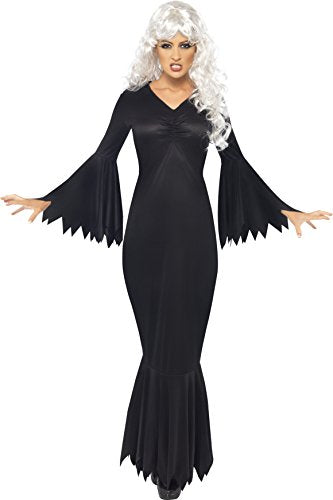 Woman in a long black gown with flared sleeves and veil.