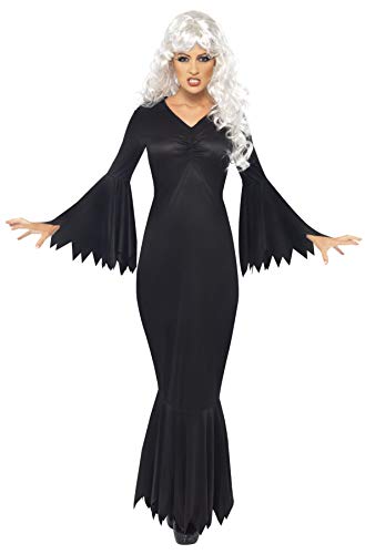 Woman wearing a long black vampire dress with flared sleeves and white curly hair.