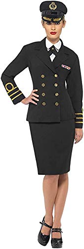 A woman wearing a black navy officer costume with a matching hat and skirt.