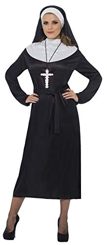 Woman wearing a black nun costume with white headdress and collar.