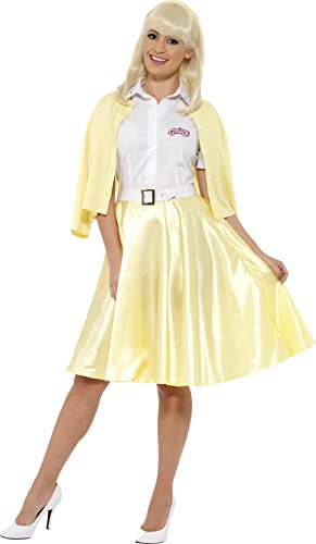 Woman wearing a yellow Sandy Grease costume, white shirt, and high heels, posing against a white background.