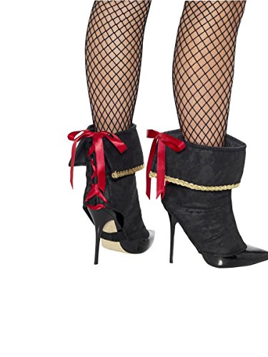 Black pirate boot covers with red ribbons over fishnet stockings.