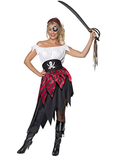 Woman in a white and red pirate wench costume with a sword.