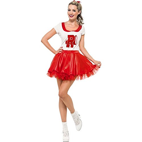 A woman wearing a white and red cheerleader costume with a red tutu skirt.