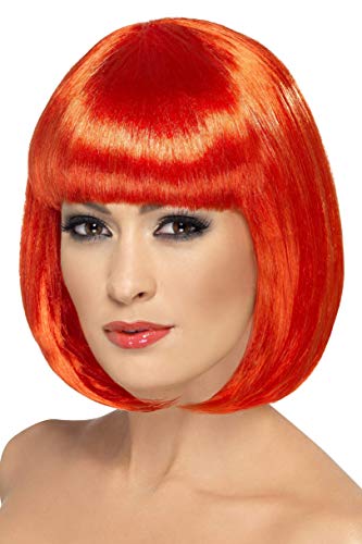 Woman modeling a short, bright red bob wig with straight bangs.