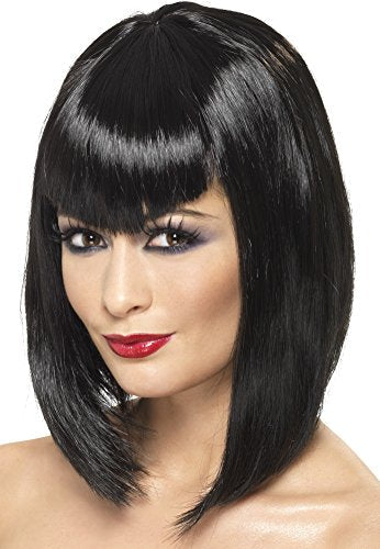 Black short wig with straight bangs on a mannequin head, against a white background.