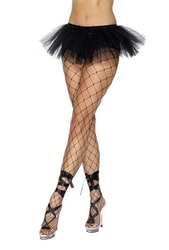 Black tulle tutu underskirt worn with fishnet stockings and heels.