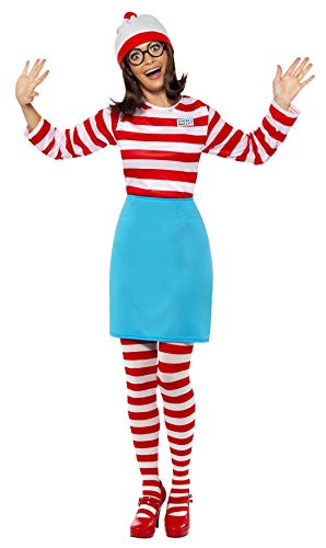 Woman wearing a Wenda costume with red-white striped top, blue skirt, tights, and hat.