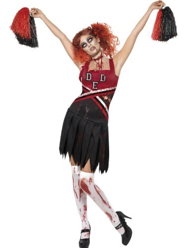 Woman in a red and black zombie cheerleader costume, holding pom poms, with blood-stained tights.