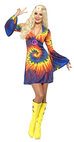 Woman wearing a colorful tie-dye mini dress, yellow boots, and a flower headband.