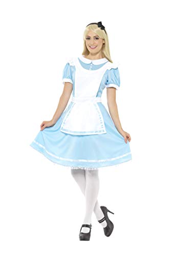 Woman wearing a light blue dress with a white apron and black hair bow.