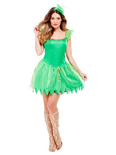 A woman wearing a green fairy costume with a matching headband and gold gladiator sandals.