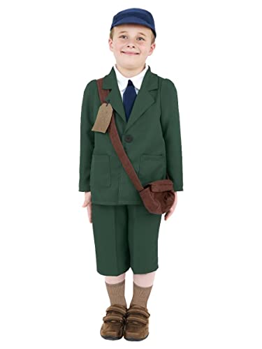 Boy in a dark green World War II evacuee costume with a bag.
