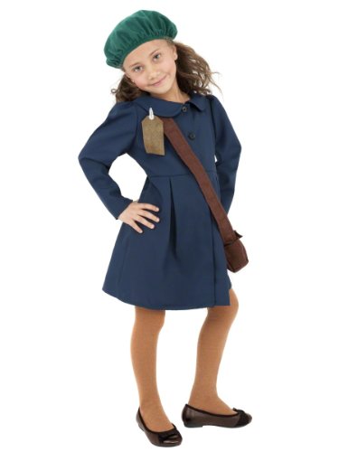 Girl in a blue World War II evacuee costume with hat and bag.