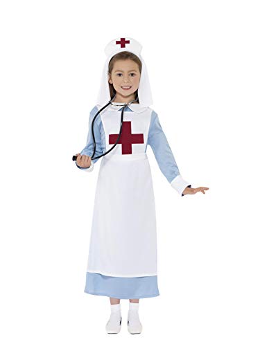 Young girl wearing a blue dress and white WW1 nurse costume with red cross.
