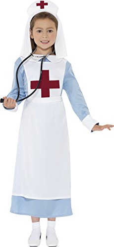 Young girl wearing a white WW1 nurse costume with a red cross and stethoscope.
