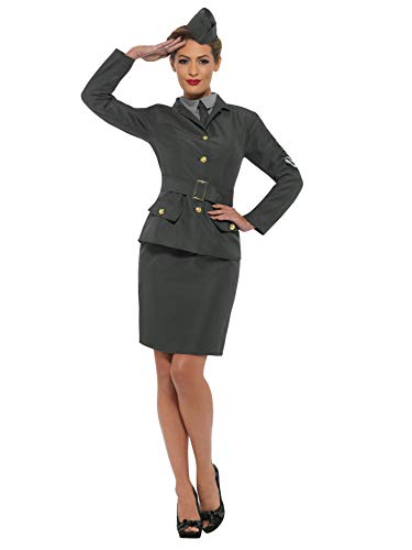 Woman in a green World War Two army uniform saluting.