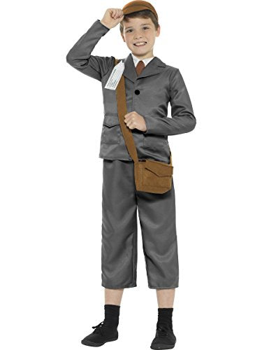 Boy in a grey WW2 evacuee costume with a satchel.