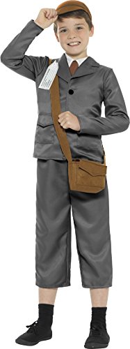 A young boy wears a grey evacuee costume with a brown satchel and cap.