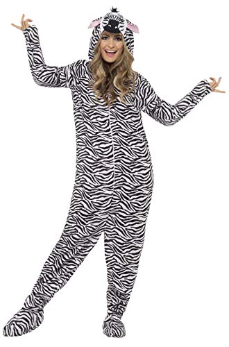 Woman wearing a full-body black and white striped zebra costume.
