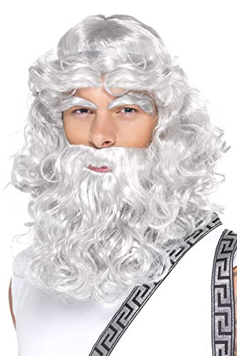 Long, curly grey wig and beard styled like ancient Greek god Zeus.