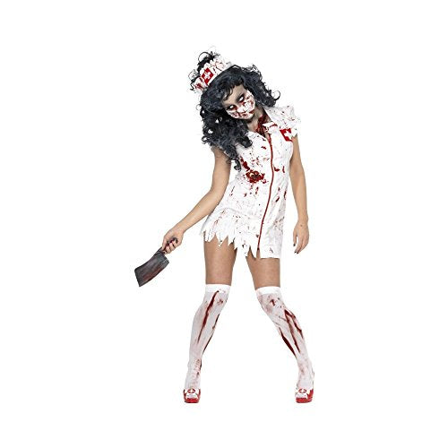 Zombie nurse costume with blood-splattered dress, mask, and toy cleaver.
